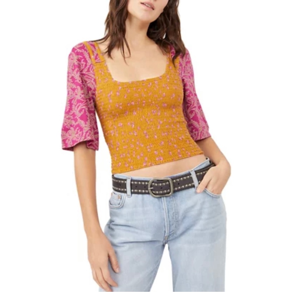 FREE PEOPLE Marigold Top - Size Small-Golden Floral Smocked Boho Crop Blouse-NWT - Picture 14 of 16